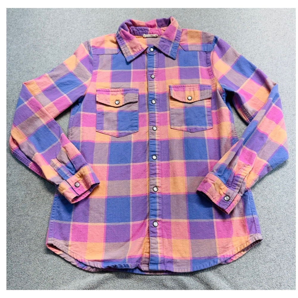 Spell Women XS Plaid Flannel Shirt Pink Purple Organic Cotton Hemp Snap Western